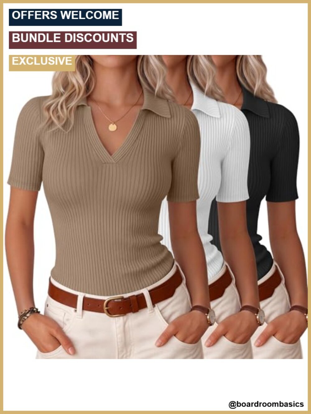 Women's 3-Pack Cotton Polo Shirts Ribbed Collar V-Neck Slim Fit Short Sleeve